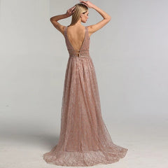 Deep-V Tulle Glitter A-Line Evening Dresses