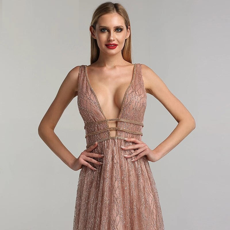 Deep-V Tulle Glitter A-Line Evening Dresses