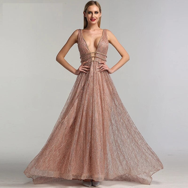 Deep-V Tulle Glitter A-Line Evening Dresses