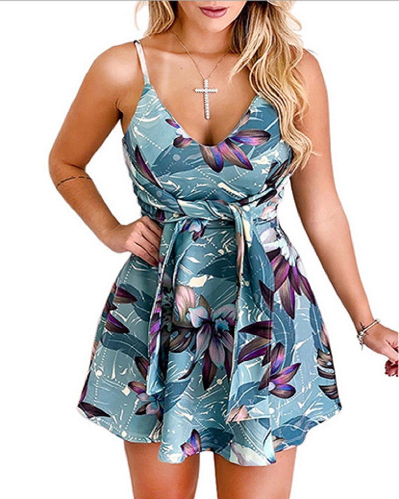 Deep V Sleeveless Printed Skater Dress