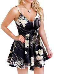 Deep V Sleeveless Printed Skater Dress