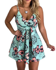 Deep V Sleeveless Printed Skater Dress