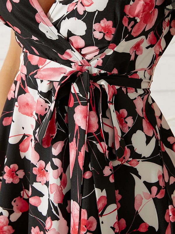 Deep V-neck Floral Print Wrap Design Ruffle Sleeve Mini Dress
