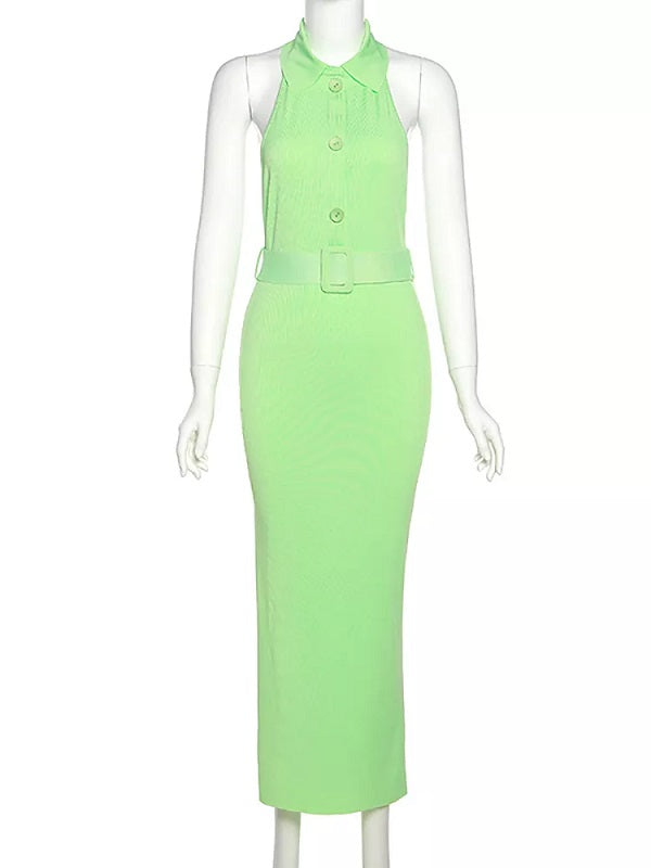 Deep V-neck High Slit Belt Backless Dress