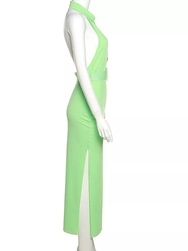 Deep V-neck High Slit Belt Backless Dress
