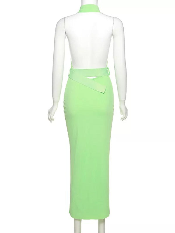 Deep V-neck High Slit Belt Backless Dress