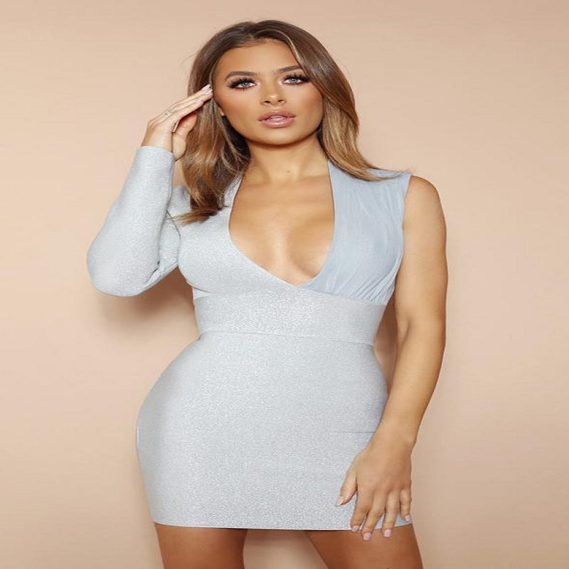 Deep V-neck One Shoulder Bodycon Evening Party Dress