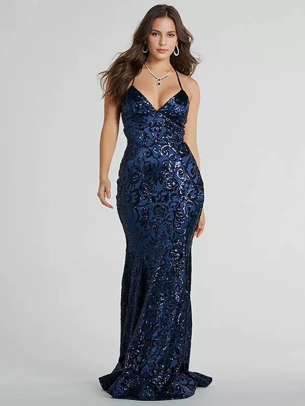 Deep V-neck Spaghetti Straps Lace-Up Mermaid Sequin Long Dress