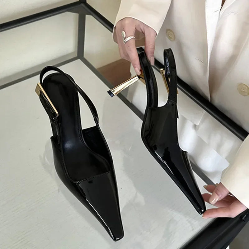 Deluxe Metal Buckle Strap Pumps Pointy Toe Slingback High Heel