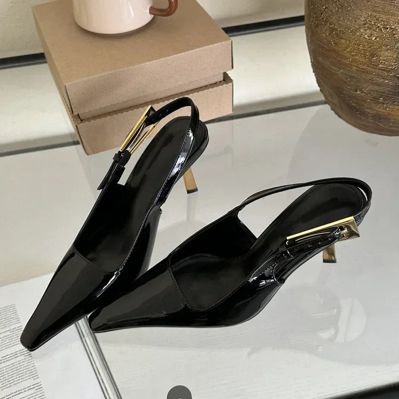Deluxe Metal Buckle Strap Pumps Pointy Toe Slingback High Heel