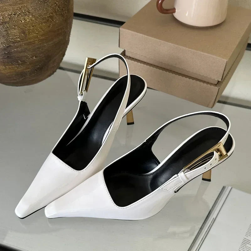 Deluxe Metal Buckle Strap Pumps Pointy Toe Slingback High Heel