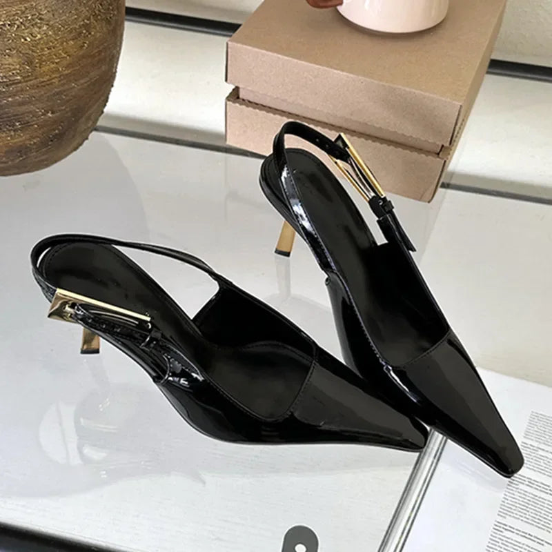 Deluxe Metal Buckle Strap Pumps Pointy Toe Slingback High Heel