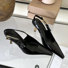 Deluxe Metal Buckle Strap Pumps Pointy Toe Slingback High Heel