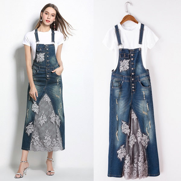 Denim And Gauze Suspenders Beaded Embroidery Dress