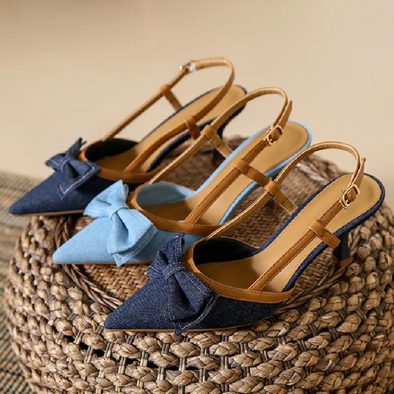 Denim Bow knot Sandals Pointed Toe Back Strap thin Heel