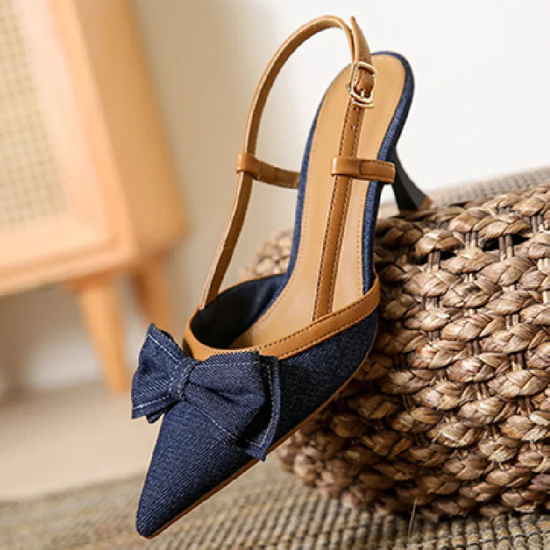 Denim Bow knot Sandals Pointed Toe Back Strap thin Heel