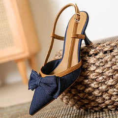 Denim Bow knot Sandals Pointed Toe Back Strap thin Heel