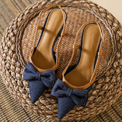 Denim Bow knot Sandals Pointed Toe Back Strap thin Heel