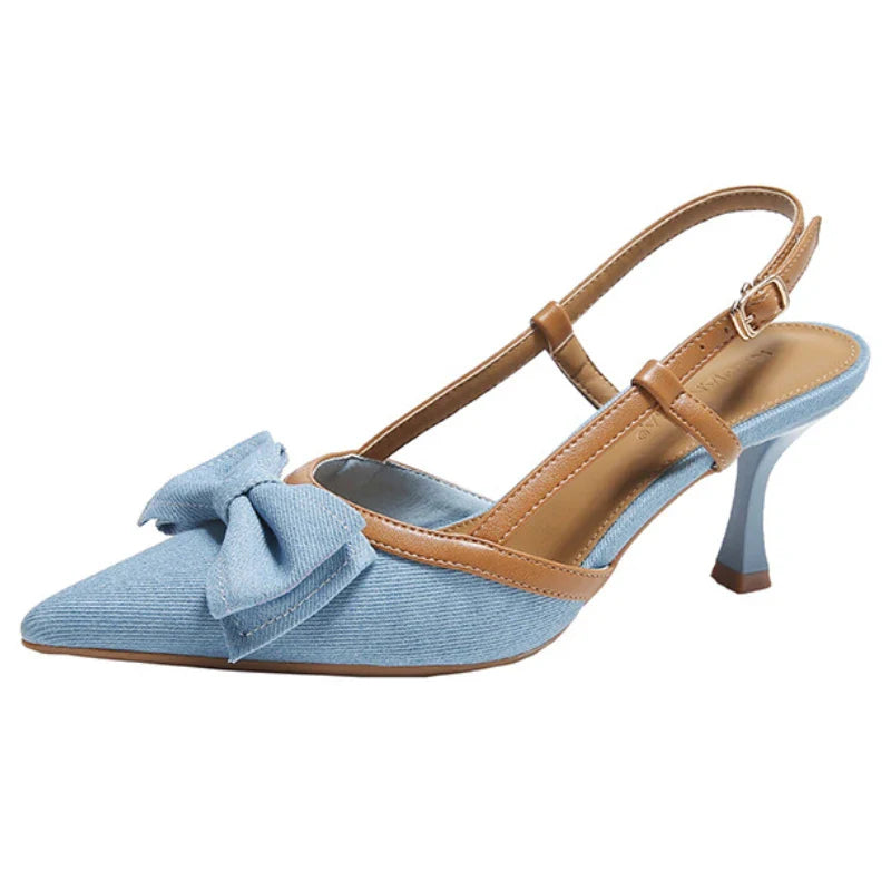 Denim Bow knot Sandals Pointed Toe Back Strap thin Heel