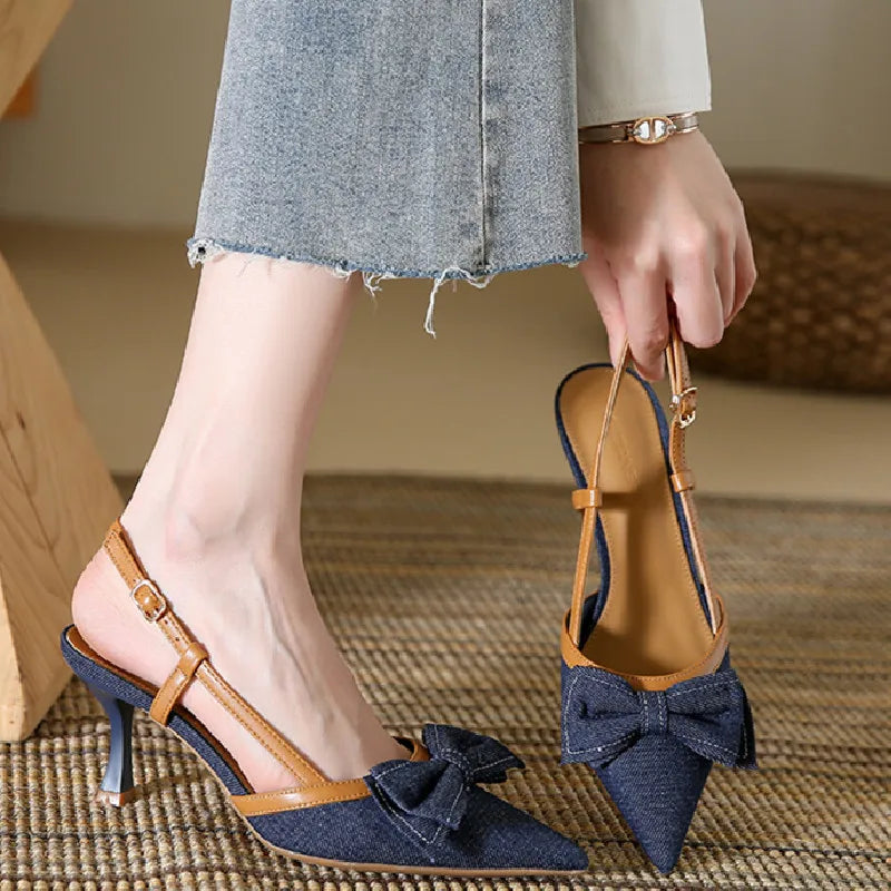 Denim Bow knot Sandals Pointed Toe Back Strap thin Heel