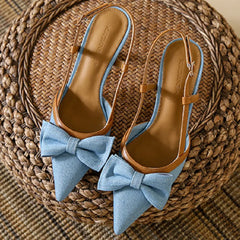Denim Bow knot Sandals Pointed Toe Back Strap thin Heel