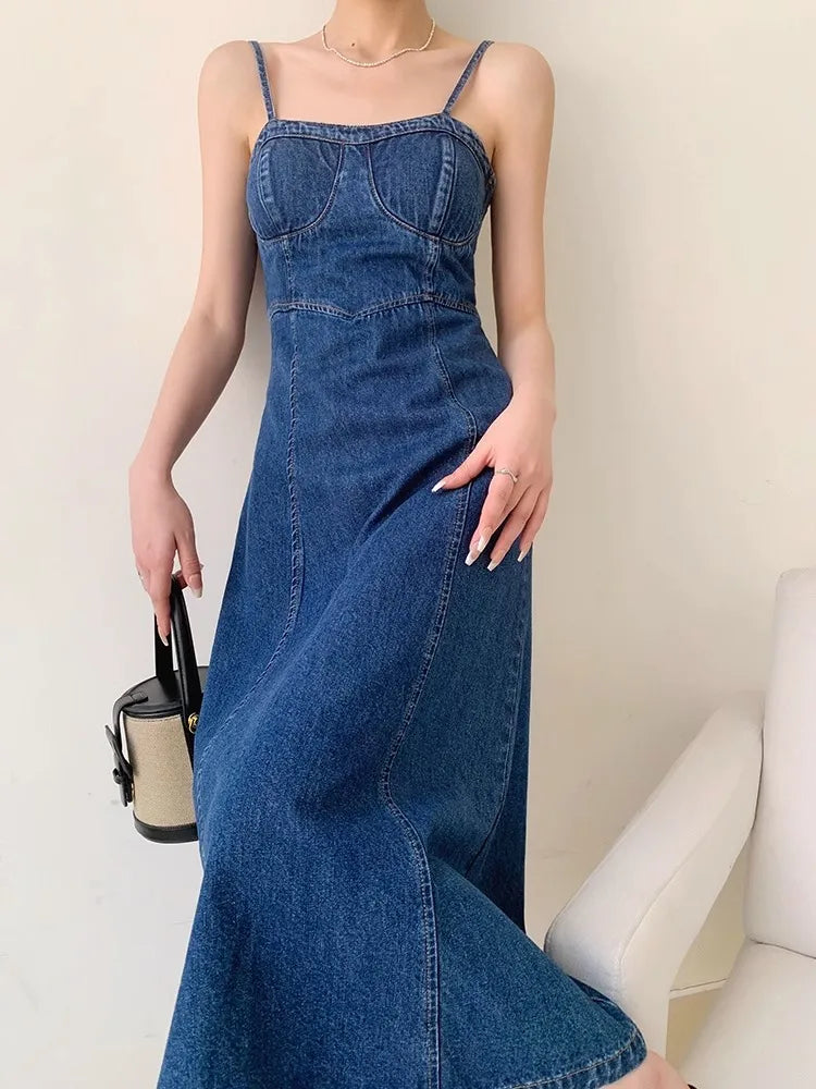 Denim Camisole Retro Washed High-Quality Fabric Design Slim Slit Long Skirt Dress