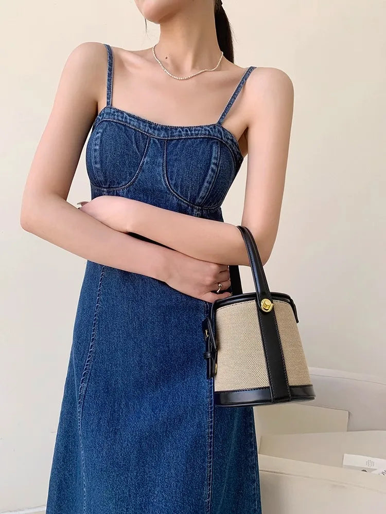 Denim Camisole Retro Washed High-Quality Fabric Design Slim Slit Long Skirt Dress