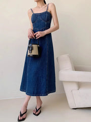 Denim Camisole Retro Washed High-Quality Fabric Design Slim Slit Long Skirt Dress