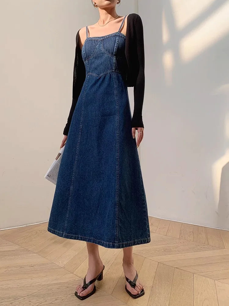 Denim Camisole Retro Washed High-Quality Fabric Design Slim Slit Long Skirt Dress