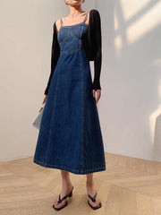 Denim Camisole Retro Washed High-Quality Fabric Design Slim Slit Long Skirt Dress
