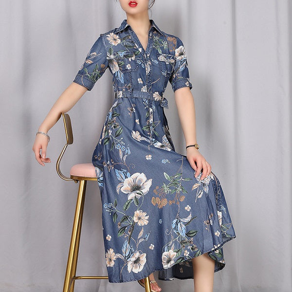 Denim Cotton Sleeveless Single Breasted Print Dresses