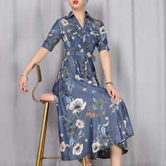 Denim Cotton Sleeveless Single Breasted Print Dresses