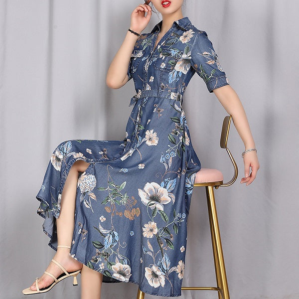 Denim Cotton Sleeveless Single Breasted Print Dresses