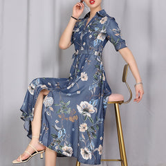 Denim Cotton Sleeveless Single Breasted Print Dresses