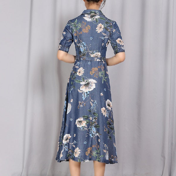Denim Cotton Sleeveless Single Breasted Print Dresses