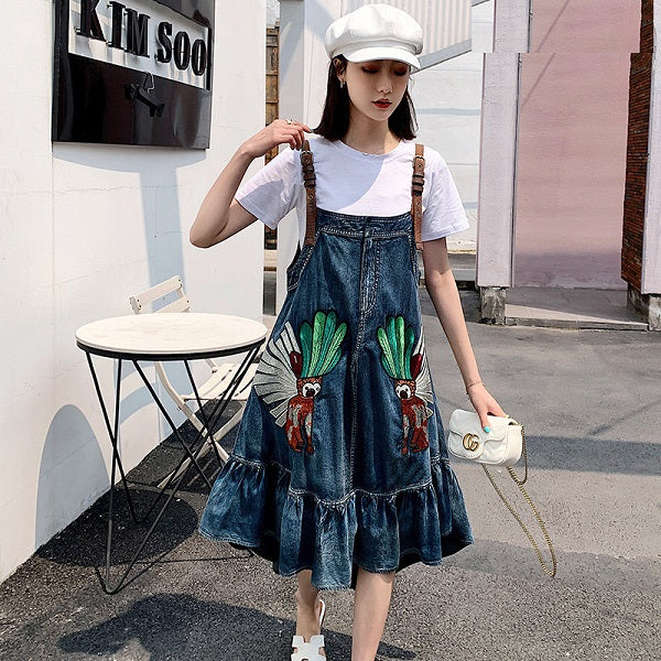 A-line Embroidery Spaghetti Strap Sleeveless Denim Dress