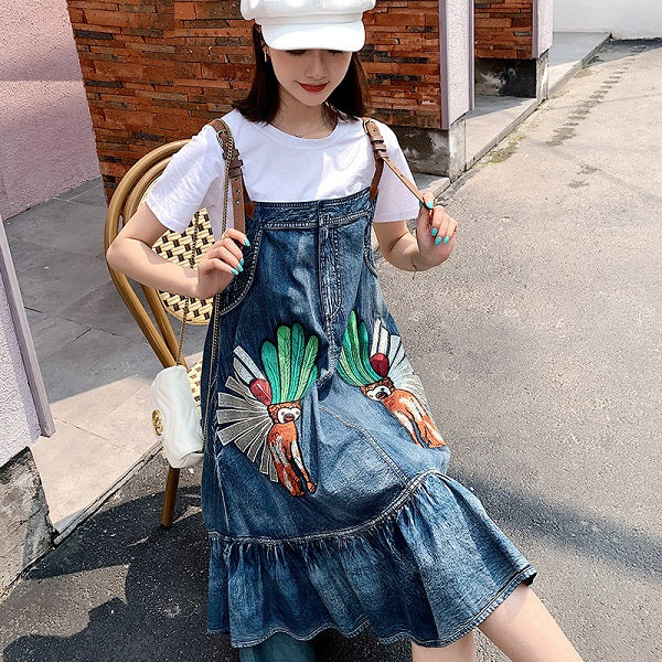 A-line Embroidery Spaghetti Strap Sleeveless Denim Dress