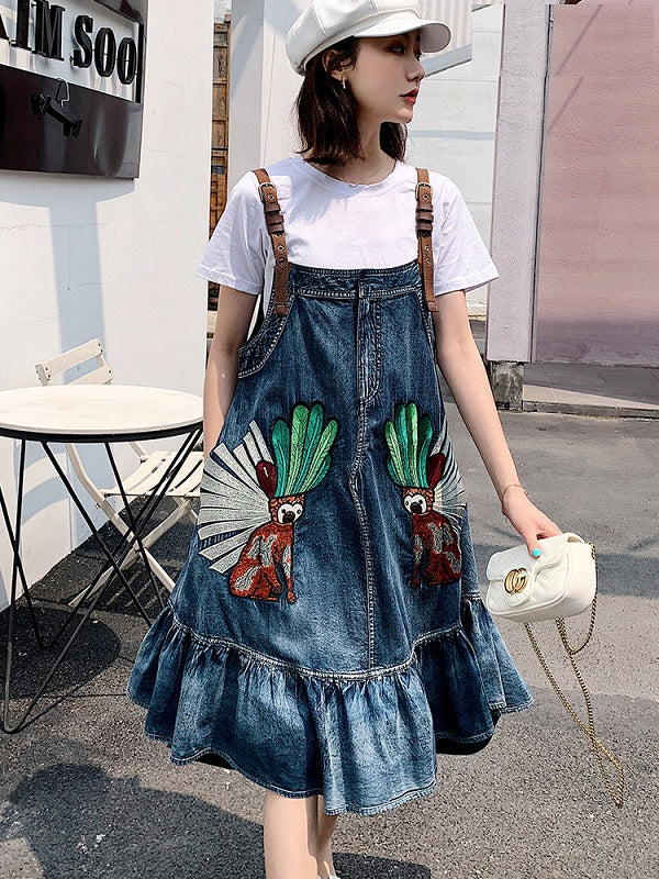 A-line Embroidery Spaghetti Strap Sleeveless Denim Dress