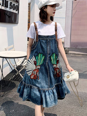 A-line Embroidery Spaghetti Strap Sleeveless Denim Dress