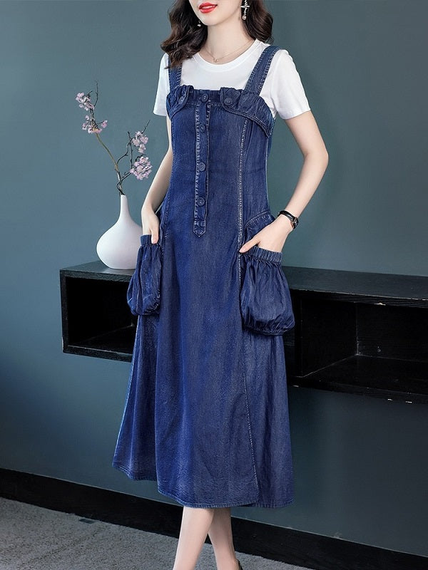 Denim Dress Pockets Loose Long Mid-Calf