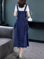 Denim Dress Pockets Loose Long Mid-Calf