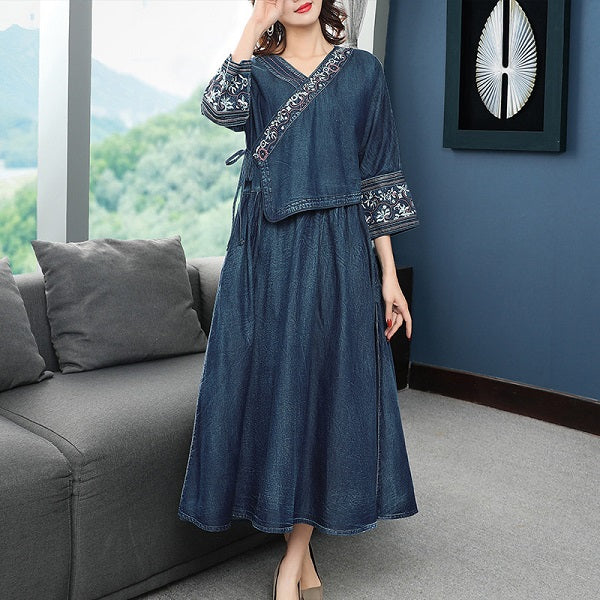 Denim Embroidery Mid-Calf Three Quarter Sleeve Dresses