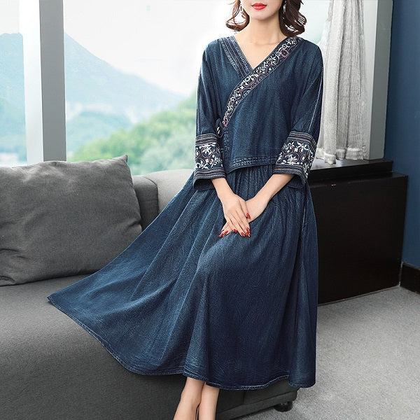 Denim Embroidery Mid-Calf Three Quarter Sleeve Dresses