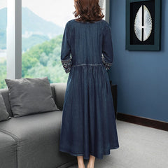 Denim Embroidery Mid-Calf Three Quarter Sleeve Dresses