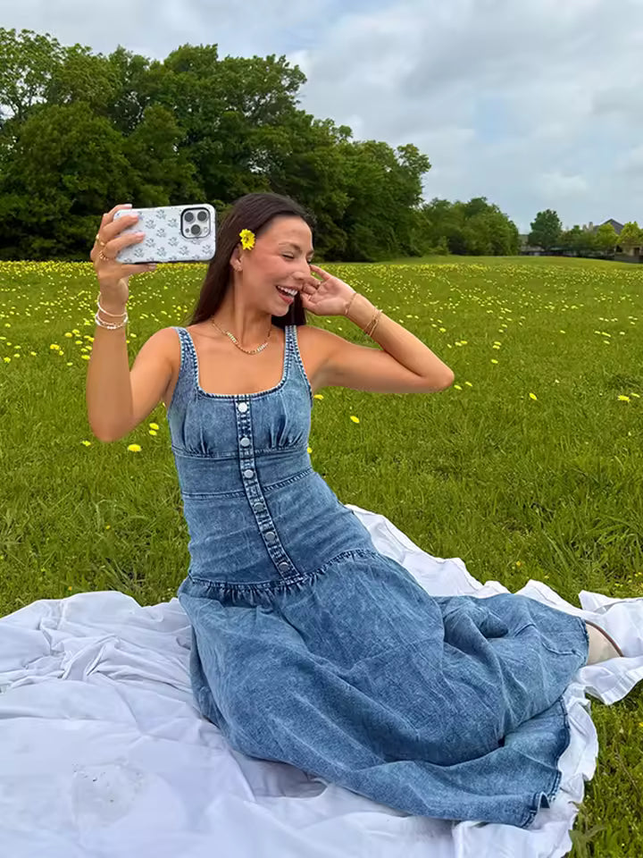 Denim Metal Single Breasted Square Neck Sleeveless Backless Slim High Street Maxi Dress
