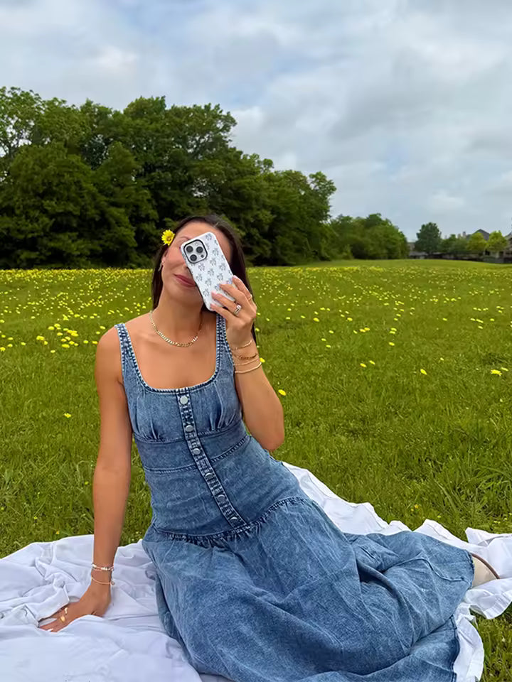 Denim Metal Single Breasted Square Neck Sleeveless Backless Slim High Street Maxi Dress