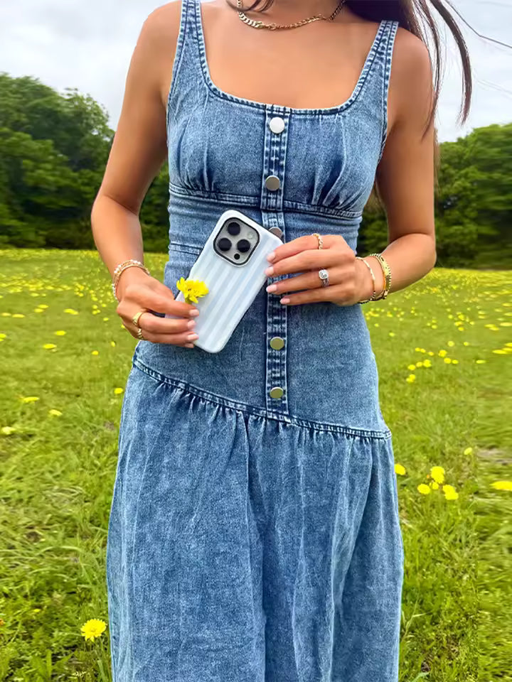 Denim Metal Single Breasted Square Neck Sleeveless Backless Slim High Street Maxi Dress