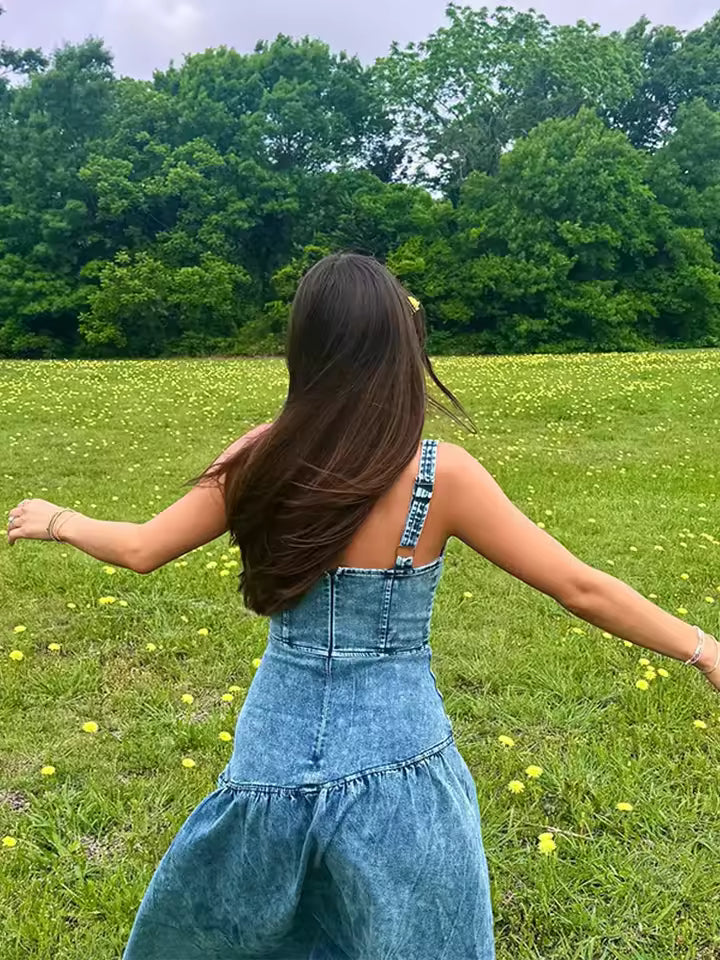 Denim Metal Single Breasted Square Neck Sleeveless Backless Slim High Street Maxi Dress