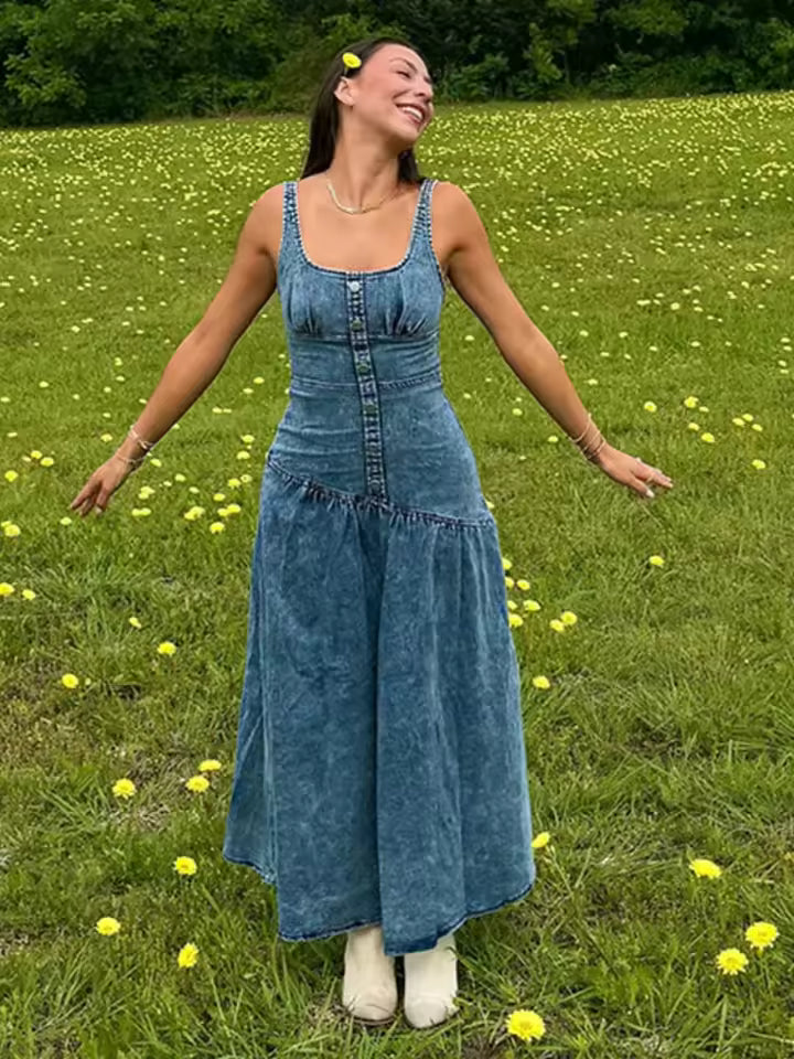 Denim Metal Single Breasted Square Neck Sleeveless Backless Slim High Street Maxi Dress