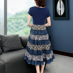 Denim Patchwork Short Sleeve Print Dresses Big Hem